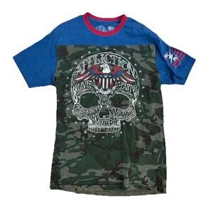 Affliction Camo Tee Large Skull Double Sided Eagle Patriotic Red White Blue